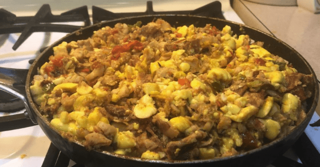 Ackee and saltfish can also be eaten with rice and peas or plain white rice