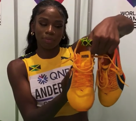 Jamaican Brittany Anderson speaks after finishing second to Amusa in the 100h at World Worlds