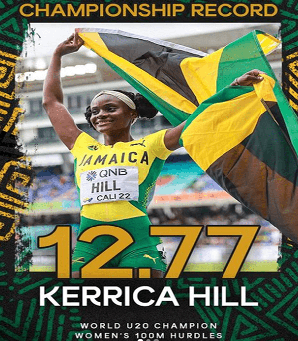 Kerrica Hill of Jamaica breaks the women's under20 110 hurdles at the world u20