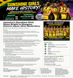 Jamaica Sunshine Girls celebrate historic silver medal at Glasgow 2026 Commonwealth Games after defeating Australia