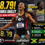 Dejanea Oakley celebrates after running a historic NCAA-record 48.79 seconds in the women's 400 meters, becoming Jamaica's second-fastest woman ever over the distance.