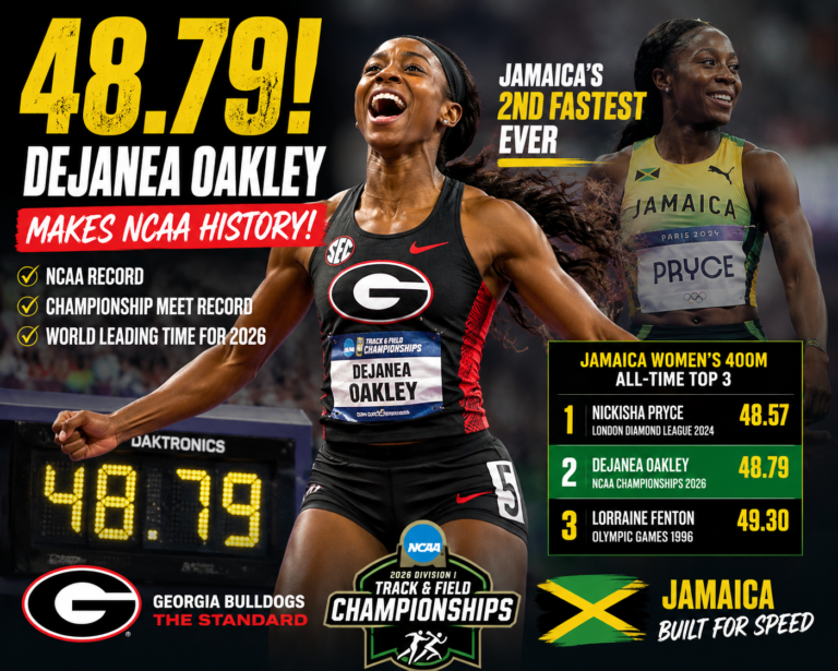 Dejanea Oakley celebrates after running a historic NCAA-record 48.79 seconds in the women's 400 meters, becoming Jamaica's second-fastest woman ever over the distance.