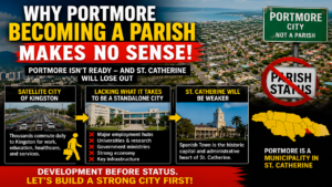 Portmore becoming a parish debate showing the relationship between Portmore, Kingston, and St. Catherine.