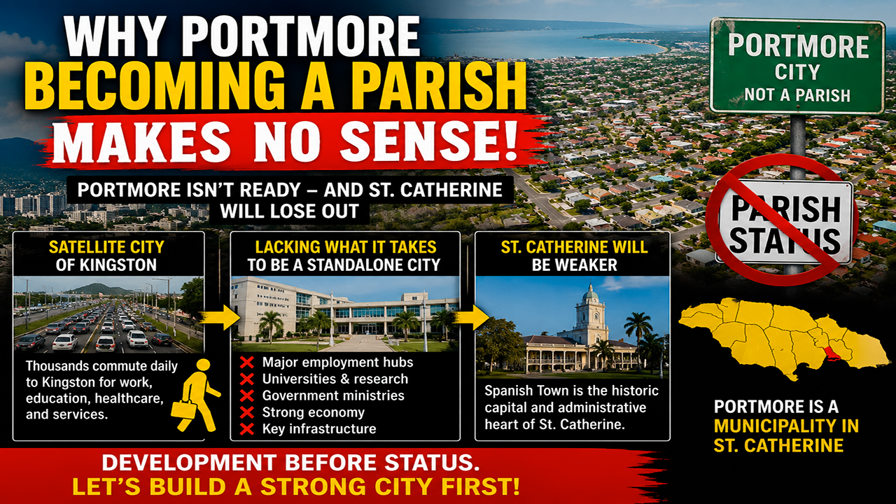 Portmore becoming a parish debate showing the relationship between Portmore, Kingston, and St. Catherine.