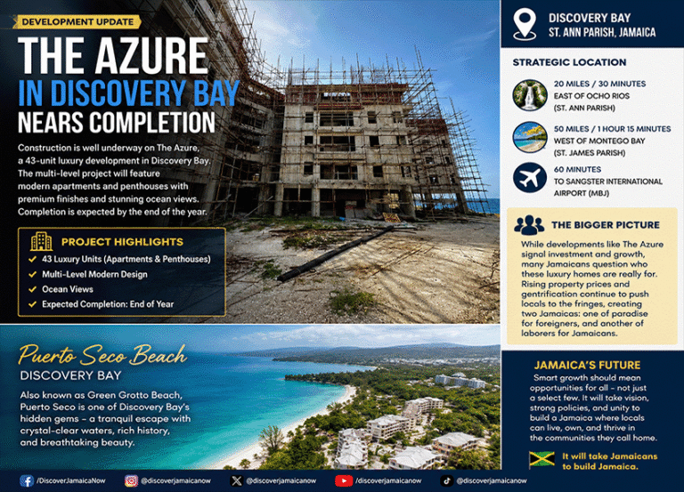 The Azure luxury apartment and penthouse development under construction in Discovery Bay, St. Ann, Jamaica. The 43-unit waterfront residential project is expected to be completed by the end of 2026.