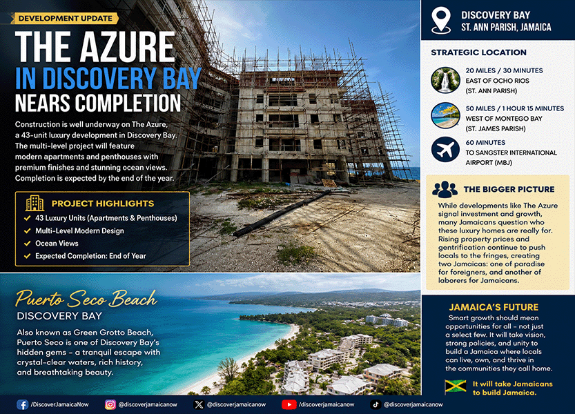 The Azure luxury apartment and penthouse development under construction in Discovery Bay, St. Ann, Jamaica. The 43-unit waterfront residential project is expected to be completed by the end of 2026.