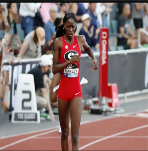 Jamaica Dejanea Oakley on her way in winning the women 100m at the Prefontaine classic 2026