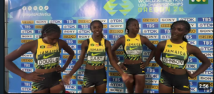 Jamaican sprinters Sashana Johnson, Theianna-Lee Terrelonge, Natrece East and Shanoya Douglas, members of Jamaica’s gold-medal women’s 4x100m relay team at the 2026 World Athletics U20 Championship