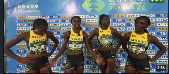 Jamaican sprinters Sashana Johnson, Theianna-Lee Terrelonge, Natrece East and Shanoya Douglas, members of Jamaica’s gold-medal women’s 4x100m relay team at the 2026 World Athletics U20 Championship