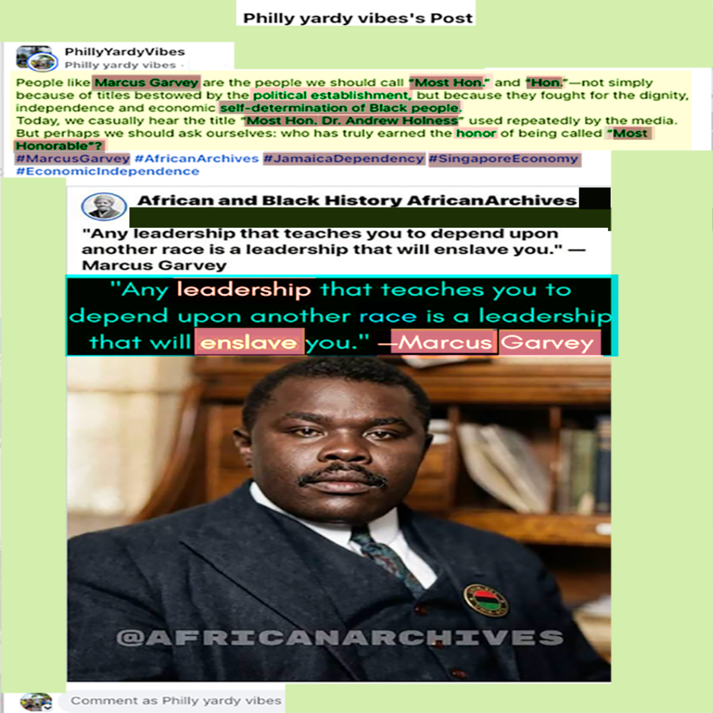 Digital illustration combining Marcus Garvey, Jamaican beach resorts, and Singapore skyscrapers to illustrate economic growth models.