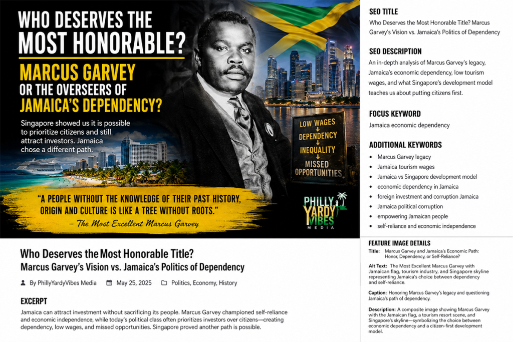 The Right Excellent Marcus Garvey alongside Jamaica’s tourism industry and Singapore skyline, representing the debate over economic dependency, foreign investment and citizen-first development.