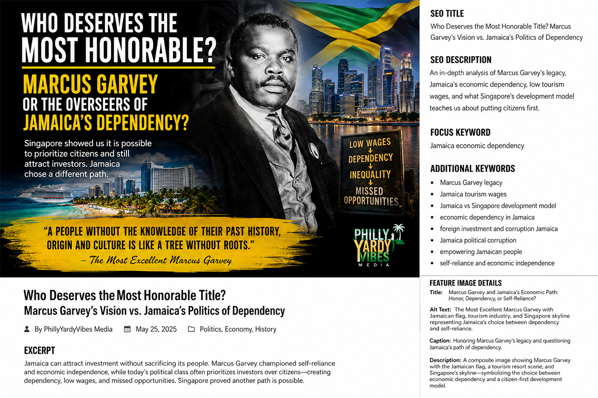 The Right Excellent Marcus Garvey alongside Jamaica’s tourism industry and Singapore skyline, representing the debate over economic dependency, foreign investment and citizen-first development.