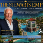 Photorealistic promotional image featuring Adam Stewart and the late Gordon "Butch" Stewart alongside Sandals Resorts Jamaica, highlighting the Stewart family's legacy in Caribbean tourism and luxury hospitality.