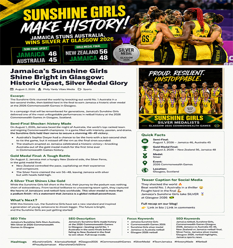 Jamaica Sunshine Girls celebrate historic silver medal at Glasgow 2026 Commonwealth Games after defeating Australia