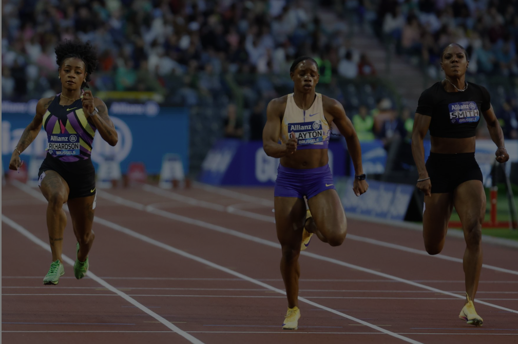 Tina Clayton of Jamaica races toward the finish alongside Sha’Carri Richardson and Jonelle Smith in the Diamond League 100m final