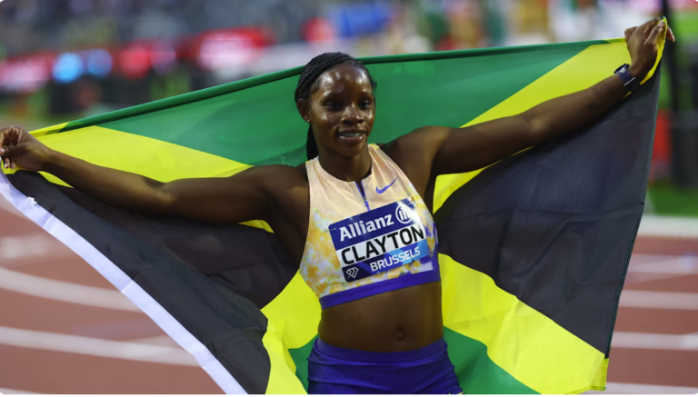 Tina Clayton of Jamaica celebrates after winning the women's 100m Diamond League Final in Brussels