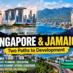 Lee Kuan Yew and Jamaica Prime Minister Andrew Holness with Singapore and Jamaica landscapes illustrating two different development models