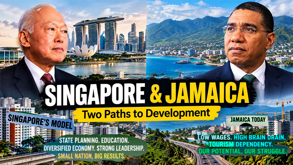 Lee Kuan Yew and Jamaica Prime Minister Andrew Holness with Singapore and Jamaica landscapes illustrating two different development models