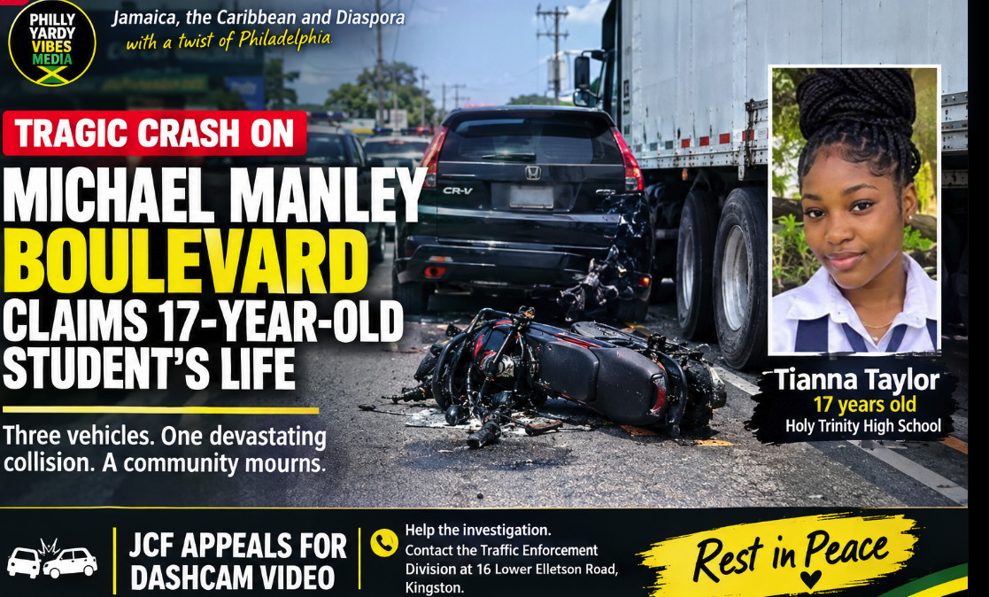 Three-vehicle collision involving a motorcycle, black Honda CR-V and heavy truck on Michael Manley Boulevard in Kingston, Jamaica.