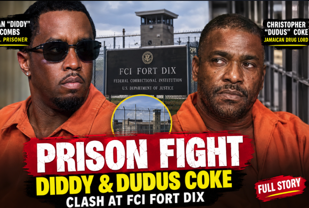 News-style composite featuring Sean “Diddy” Combs and Christopher “Dudus” Coke with a federal prison backdrop, illustrating media reports of an alleged altercation at FCI Fort Dix.