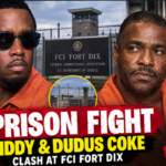 News-style composite featuring Sean “Diddy” Combs and Christopher “Dudus” Coke with a federal prison backdrop, illustrating media reports of an alleged altercation at FCI Fort Dix.