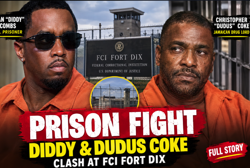 News-style composite featuring Sean “Diddy” Combs and Christopher “Dudus” Coke with a federal prison backdrop, illustrating media reports of an alleged altercation at FCI Fort Dix.