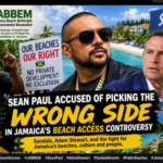 Graphic illustrating the controversy surrounding Sean Paul, Sandals Resorts, Adam Stewart, and public beach access in Jamaica.