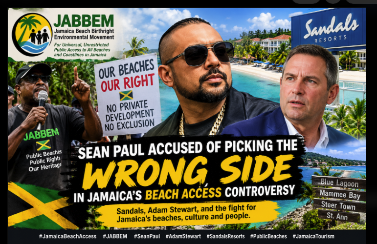 Graphic illustrating the controversy surrounding Sean Paul, Sandals Resorts, Adam Stewart, and public beach access in Jamaica.