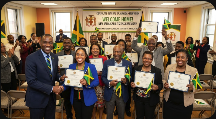 This image captures the joyful and celebratory atmosphere of the Jamaican citizenship ceremony at the New York consulate. The vibrant smiles, the waving flags, and the official certificates all symbolize the profound significance of this event for the new citizens