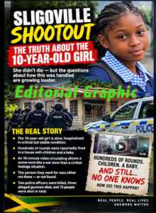 News-style graphic about the Sligoville shootout in Jamaica, highlighting the injured 10-year-old girl, police response, and questions surrounding the deadly confrontation.